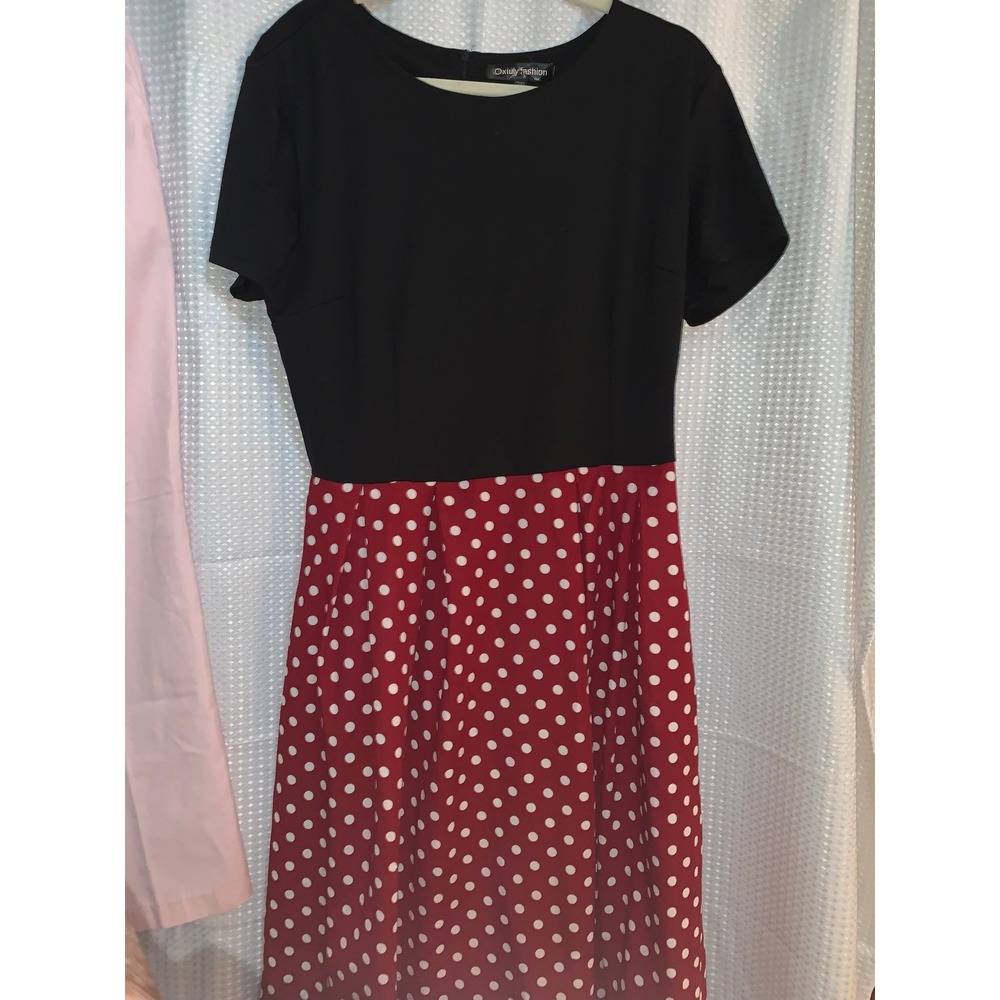 Oxiuly Fashion Women 2XL Retro Polka Dot Fit and Flare Dress Black Red Short Slv